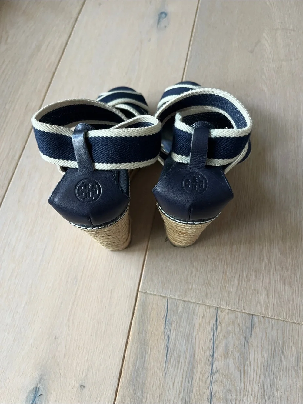 Tory Burch Navy and Cream Adonis Espadrille Wedge Sandals